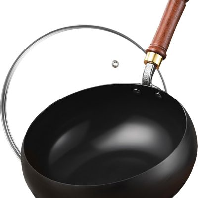Carbon Steel Wok Pan, 8.7 INCH Nonstick Pre-Seasoned Woks & Stir-Fry Pans with Lid, No Chemical Coating Wok Flat Bottom Small Handmade Chinese Wok for Induction, Gas, Electric & All Stoves
