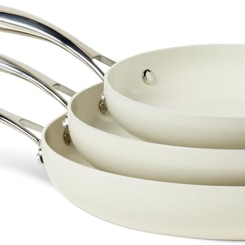 Ceramic Nonstick Cookware, 3-Piece Frying Pan Set, All Cooktop Induction Compatible, Dishwasher-Safe, Oven-Safe, Ivory