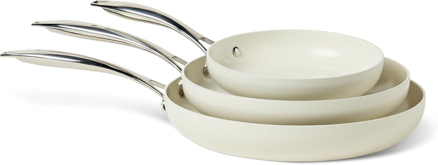 Ceramic Nonstick Cookware, 3-Piece Frying Pan Set, All Cooktop Induction Compatible, Dishwasher-Safe, Oven-Safe, Ivory