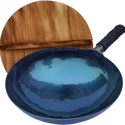iron wok with lid,14 inch woks & stir-fry pans nonstick,chinese traditional pans for open fire,large cookwares,cooking,bbq,grill,camping,blue pre-seasoned round bottom wok (36cm)