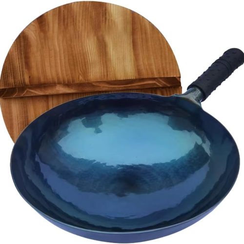 iron wok with lid,14 inch woks & stir-fry pans nonstick,chinese traditional pans for open fire,large cookwares,cooking,bbq,grill,camping,blue pre-seasoned round bottom wok (36cm)