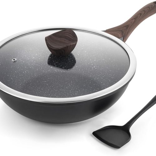 Nonstick Wok with Lid, 12 Inch Woks & Stir-fry Pans, Granite Stone Coating for Cooking, Induction Cookware, Compatible with All Stovetops, PFOA Free