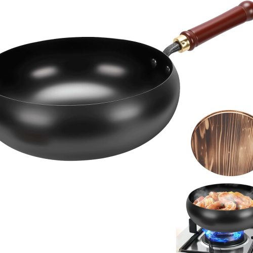 Japanese Iron Pan, 28cm Cast Iron Wok, with Spatula, 2 Covers to Choose From, for Pots On Electric Stoves/Induction Cookers/Gas Stoves (Wooden lid)