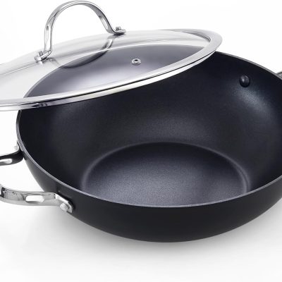 Classic 12 Inch Nonstick Chef's Pan with Lid, 5-Quart Hard Anodized Wok Stir Fry Pan, Everyday Deep Frying Pan, Induction Ready Cookware, Dishwasher & Oven Safe, Black