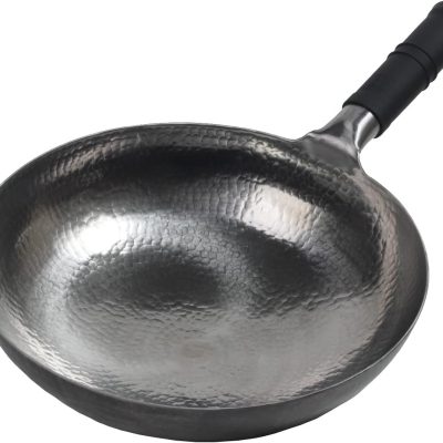 Wok pan 5th Generation, Traditional Hand Hammered Uncoated Carbon Steel Pow Wok with one piece Steel Handle one piece pan (13.3 Inch, Round Bottom) 1.8 mm thickness