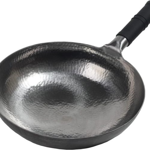 Wok pan 5th Generation, Traditional Hand Hammered Uncoated Carbon Steel Pow Wok with one piece Steel Handle one piece pan (13.3 Inch, Round Bottom) 1.8 mm thickness