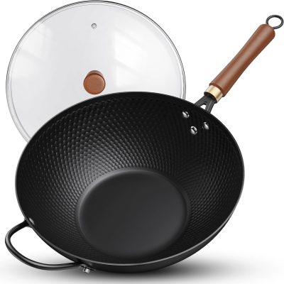 13-Inch Carbon Steel Wok Pan with Glass Lid, Naturally Nonstick Pre-Seasoned Woks & Stir-Fry Pans, No Chemical Coating, Flat Bottom for Induction, Gas, Electric, Halogen & All Stoves