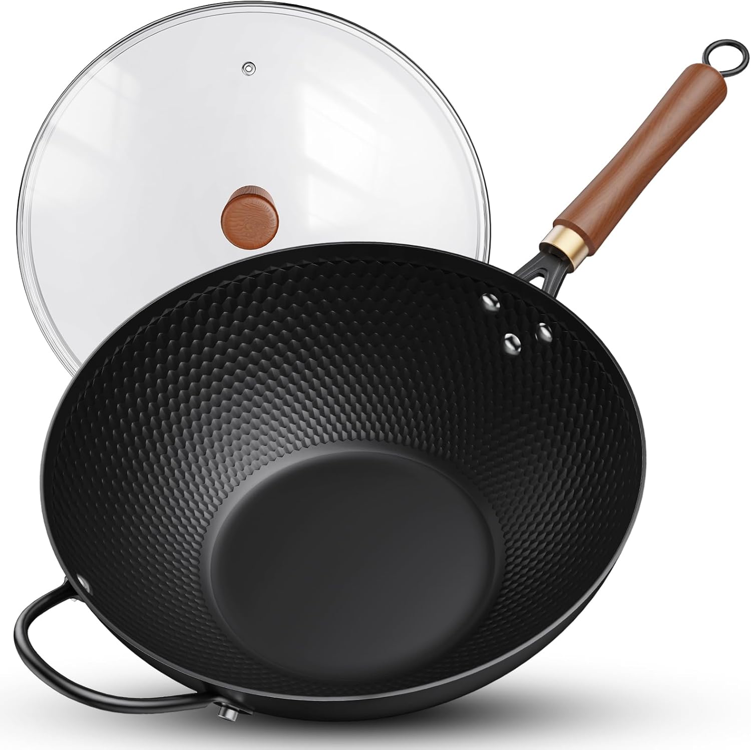 13-Inch Carbon Steel Wok Pan with Glass Lid, Naturally Nonstick Pre-Seasoned Woks & Stir-Fry Pans, No Chemical Coating, Flat Bottom for Induction, Gas, Electric, Halogen & All Stoves