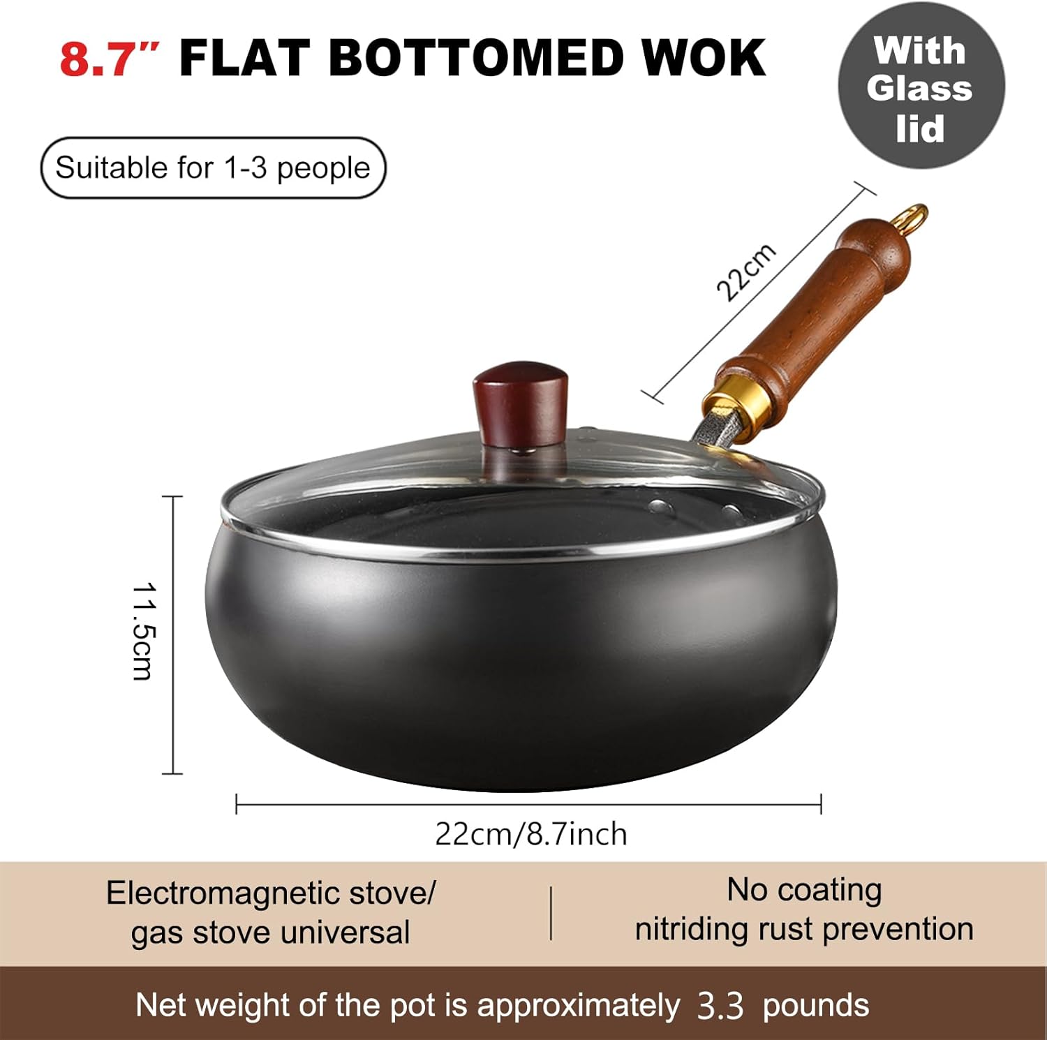 Carbon Steel Wok Pan, 8.7 INCH Nonstick Pre-Seasoned Woks & Stir-Fry Pans with Lid, No Chemical Coating Wok Flat Bottom Small Handmade Chinese Wok for Induction, Gas, Electric & All Stoves - Image 2