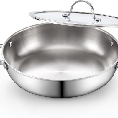 Multi-Ply Clad 12-Inch Stainless Steel Wok Stir Fry Pan with Glass Lid, Large Stainless Steel Deep Frying Pan, Everyday Chef's Pan Flat Bottom Wok Induction Cookware