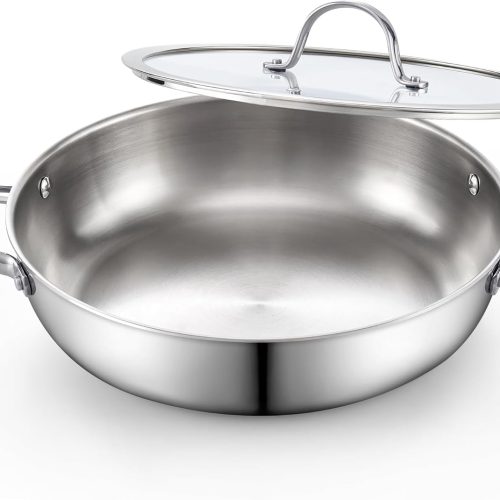 Multi-Ply Clad 12-Inch Stainless Steel Wok Stir Fry Pan with Glass Lid, Large Stainless Steel Deep Frying Pan, Everyday Chef's Pan Flat Bottom Wok Induction Cookware