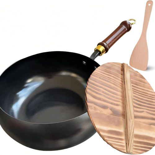 Hand-Forged 9.45 Inch Uncoated Iron Skillet & Wok Pan - Non-Stick, Rust-Free Carbon Steel Cookware with Wooden Lid for Gas/Induction Stoves, Stir Frying, Camping & Professional Use (10.23in Smooth)