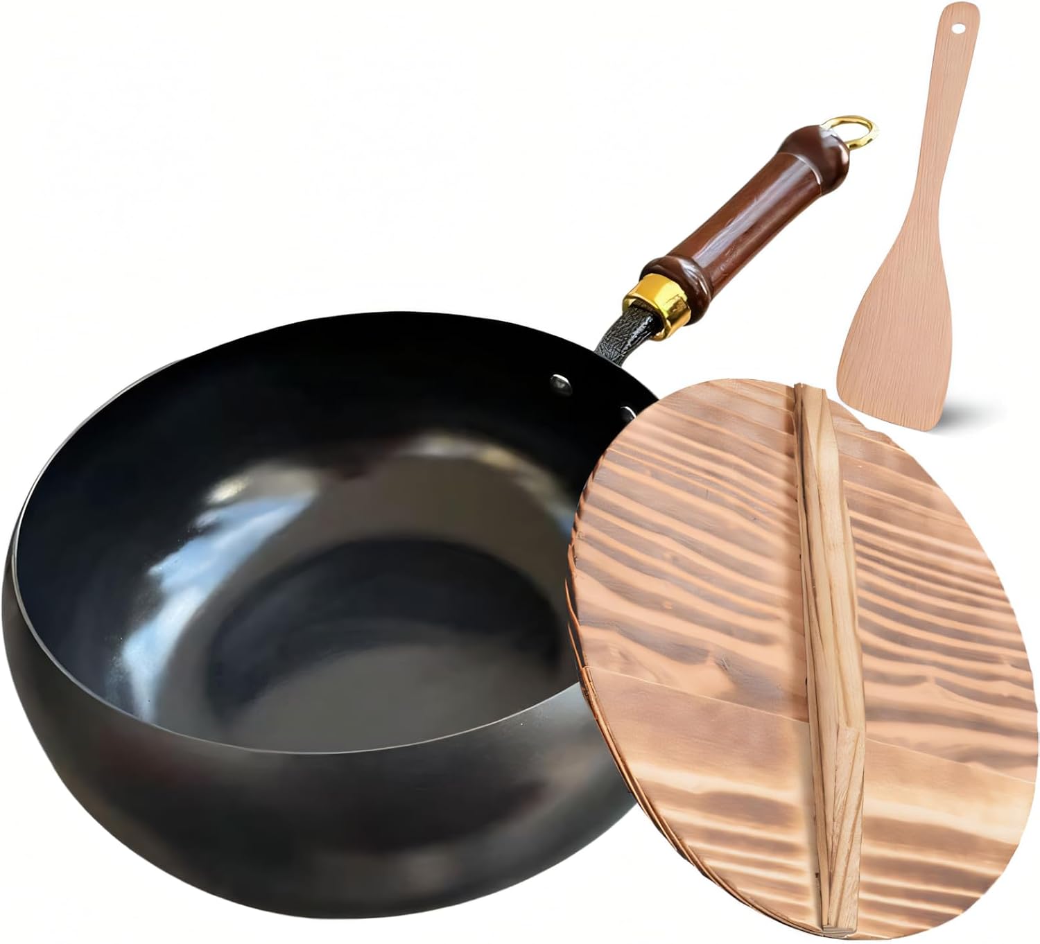 Hand-Forged 9.45 Inch Uncoated Iron Skillet & Wok Pan - Non-Stick, Rust-Free Carbon Steel Cookware with Wooden Lid for Gas/Induction Stoves, Stir Frying, Camping & Professional Use (10.23in Smooth)