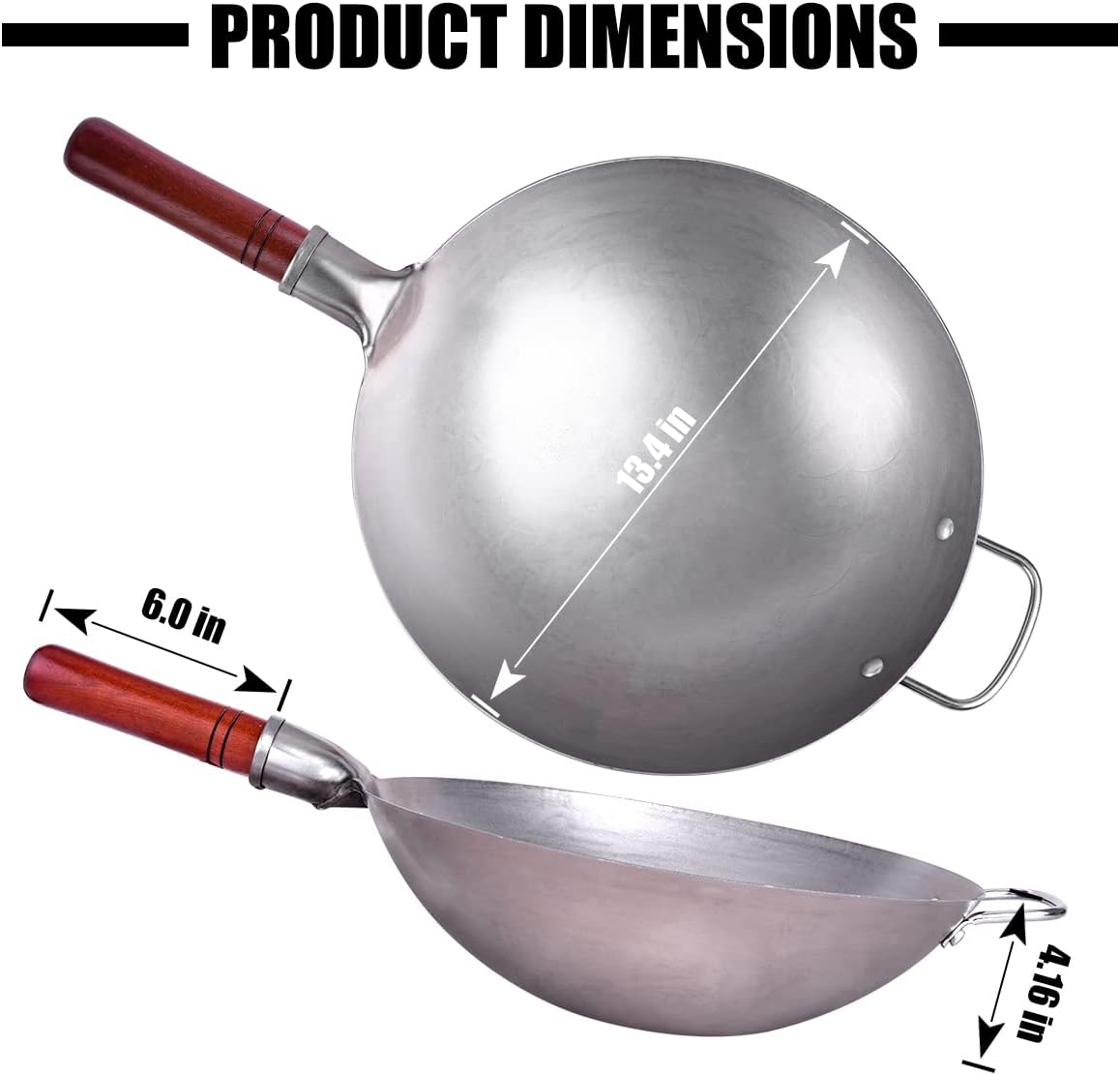 Carbon Steel Wok Traditional Hand Hammered - 13.4" Chinese Woks Round Bottom Wok Pan Set with 8 Pcs Cookware Accessories - Image 2