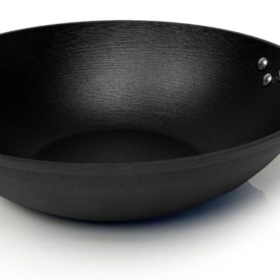 Light weight Cast Iron Wok, Stir Fry Pan, Wooden Handle, 14 Inch, chef’s pan, pre-seasoned nonstick, commercial and household, for Chinese Japanese and others Cooking