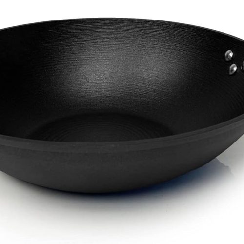 Light weight Cast Iron Wok, Stir Fry Pan, Wooden Handle, 14 Inch, chef’s pan, pre-seasoned nonstick, commercial and household, for Chinese Japanese and others Cooking