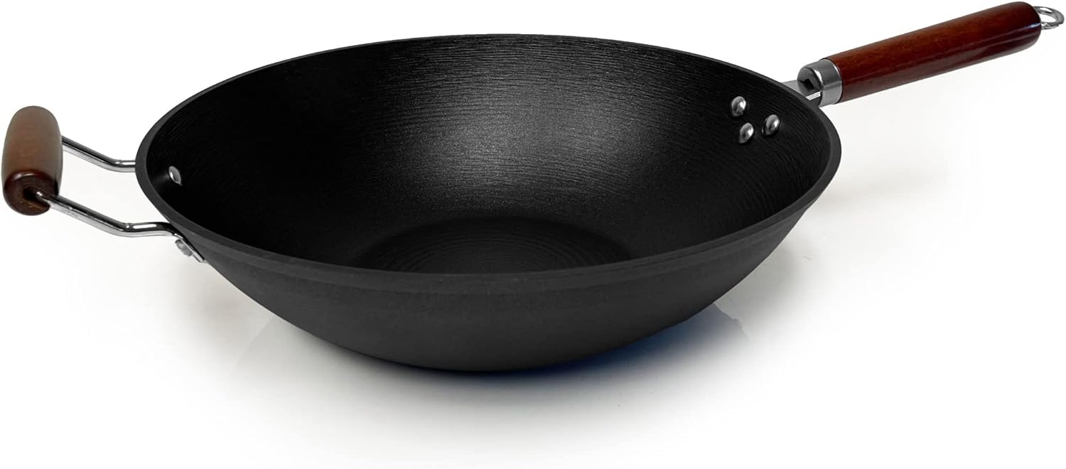 Light weight Cast Iron Wok, Stir Fry Pan, Wooden Handle, 14 Inch, chef’s pan, pre-seasoned nonstick, commercial and household, for Chinese Japanese and others Cooking