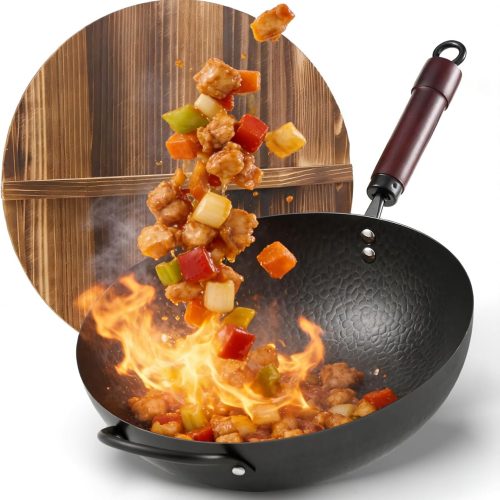 Wok Pan, Carbon Steel Wok, Woks & Stir-Fry Pans Nonstick, 13 Inch Wok Pan with Wooden Lid, Pre-Seasoned Carbon Steel Cookware, 5.8QT Flat Bottom Chinese Wok Pan, Compatible with All Cooktops