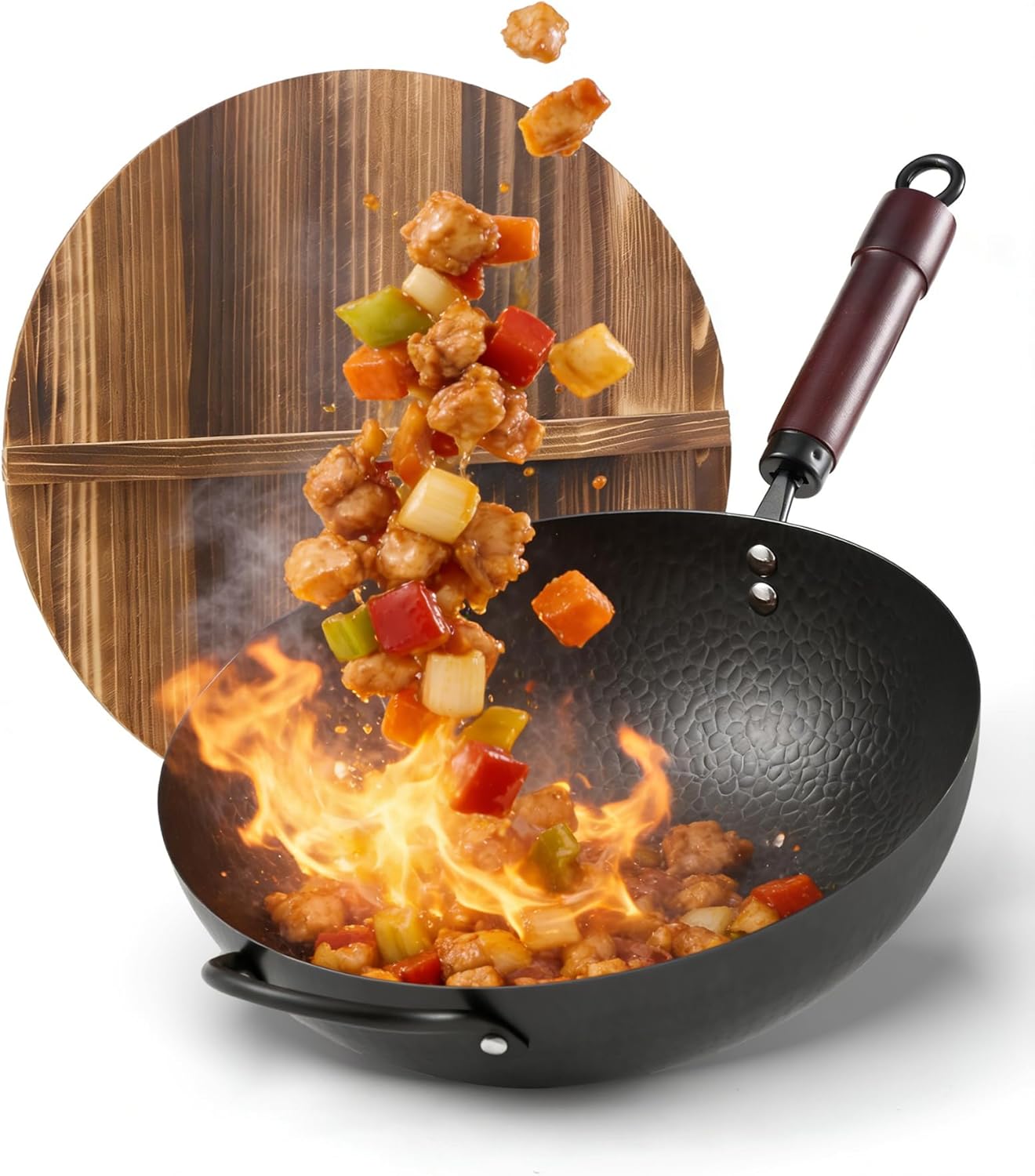 Wok Pan, Carbon Steel Wok, Woks & Stir-Fry Pans Nonstick, 13 Inch Wok Pan with Wooden Lid, Pre-Seasoned Carbon Steel Cookware, 5.8QT Flat Bottom Chinese Wok Pan, Compatible with All Cooktops
