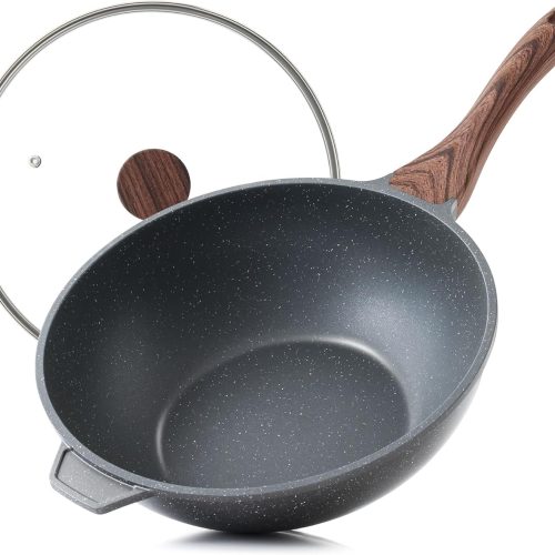 Nonstick Wok Pan with Lid 11-inch, Healthy Stir-fry Pan Induction Cookware with Swiss Granite Coating, Deep Frying Pan Skillet with Stay-cool Handle, PFOA Free