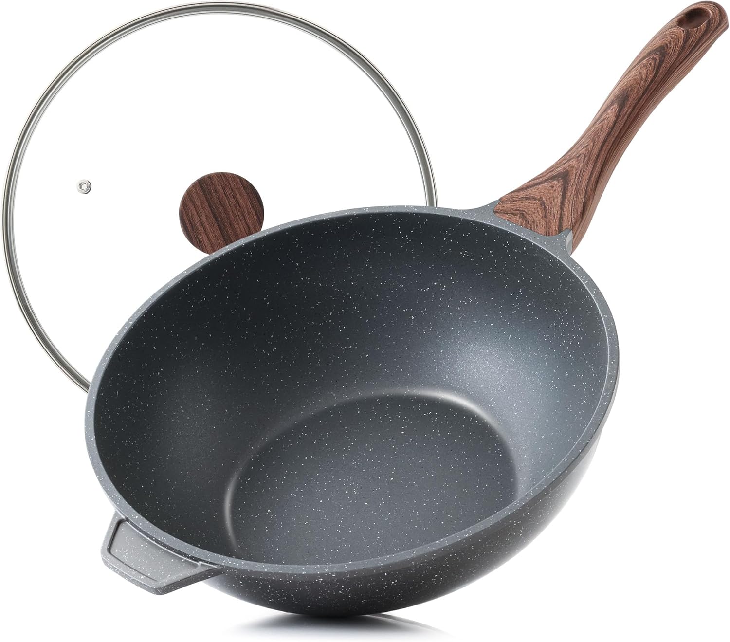 Nonstick Wok Pan with Lid 11-inch, Healthy Stir-fry Pan Induction Cookware with Swiss Granite Coating, Deep Frying Pan Skillet with Stay-cool Handle, PFOA Free