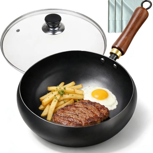Japanese Style Cast Iron Cookware, 9.5/10.2/11in Uncoated Thick Iron Pot, Hand-Hammered Traditional Forged Big-Belly Pot with Lid, Naturally Non-Stick Frying Pan (Glass Lid, 9.5in)