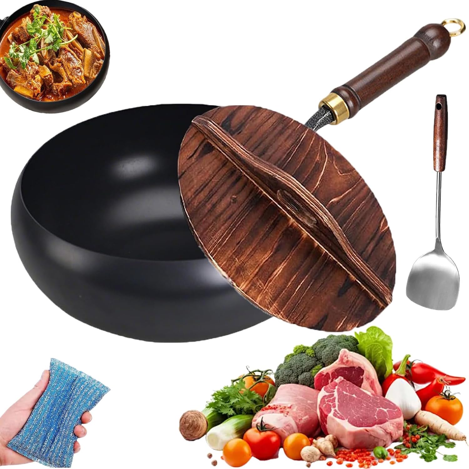 Japanese Cast Iron Cookware, Japanese Cast Iron Pot, Japanese Style Cast Iron Cookware, 9.5/10.2/11in Uncoated Thick Iron Pot, Hand-Hammered, with Lid, Durable Rust-Free (Smooth-Wood Lid, 11in)