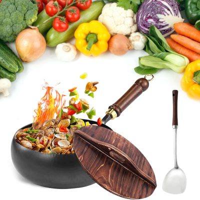 2026 Japanese Cast Iron Pot, Uncoated Healthy Pot, Hand-Hammered Iron Frying Non-Stick Pan without Coating, Japanese Wok for Cooker Gas Stir Fry Pans with Lid,Durable&Rust-Free (Wooden Lid, 9.45in)