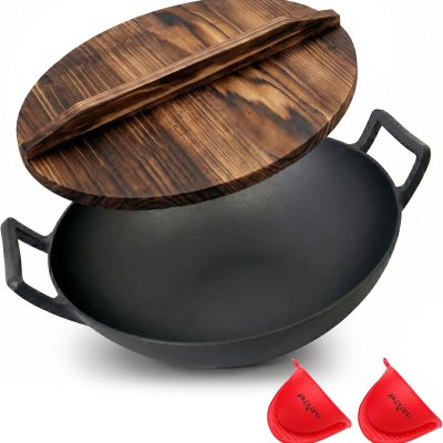 Cast Iron Wok with Wooden Lid - Pre-Seasoned Chinese Wok for Stir-Fry, Compatible with Multiple Cooktops Including Induction, Large 5.8 Qt Capacity, 14" Diameter