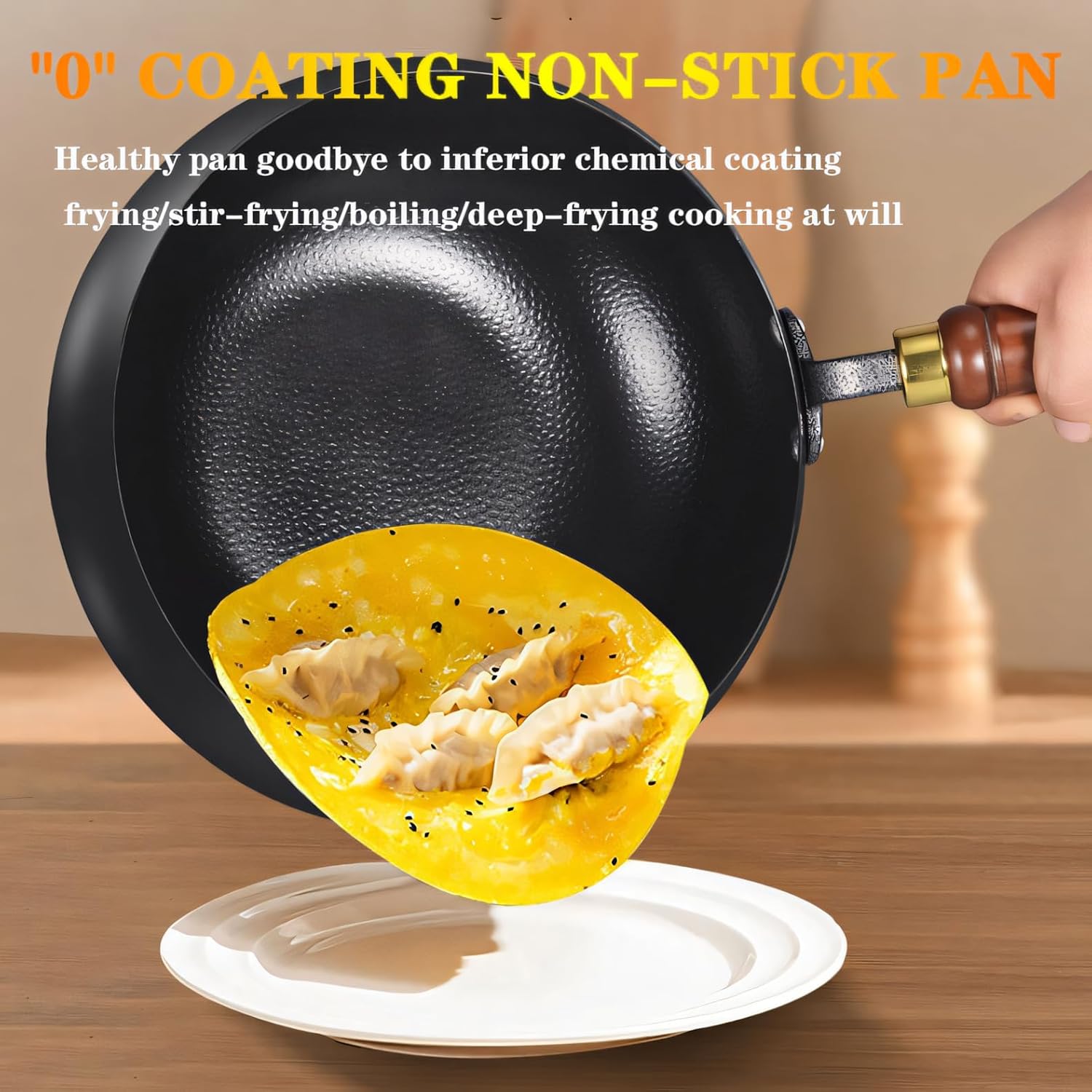 Hand-Forged 9.45 Inch Uncoated Iron Skillet & Wok Pan - Non-Stick, Rust-Free Carbon Steel Cookware with Wooden Lid for Gas/Induction Stoves, Stir Frying, Camping & Professional Use (10.23in Smooth) - Image 2