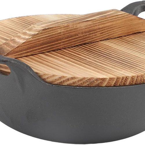 Cast Iron Wok with Wooden Lid, Uncoated Stir Fry Soup Pan, Flat Base for All Stovetops, Authentic Asian Wok for Stir Fry, Steam, Grill (20cm)