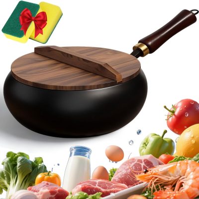 2026 New Japanese Cast Iron Wok Pan, Uncoated Healthy Cooking Pot with Lid, Hand Hammered Non-Stick Thick Iron Frying Pan, Japanese Wok Made In Japan for Electric & Gas Stoves (Smooth B, 7.9'')