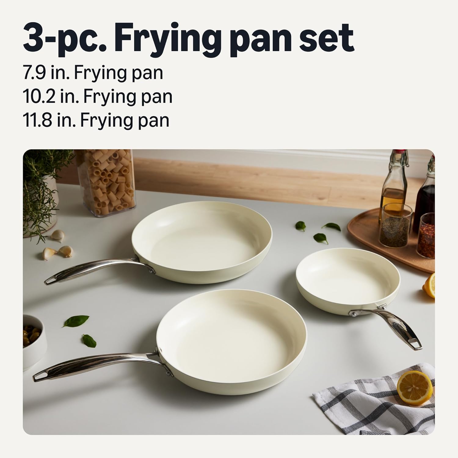 Ceramic Nonstick Cookware, 3-Piece Frying Pan Set, All Cooktop Induction Compatible, Dishwasher-Safe, Oven-Safe, Ivory - Image 2