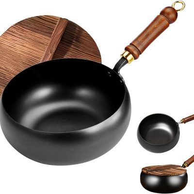 Uncoated Iron Pan, Nonstick Wok Hand Forged Iron Pan with Lid Stir Fry Wok Skillet for Cooking - 9.44IN