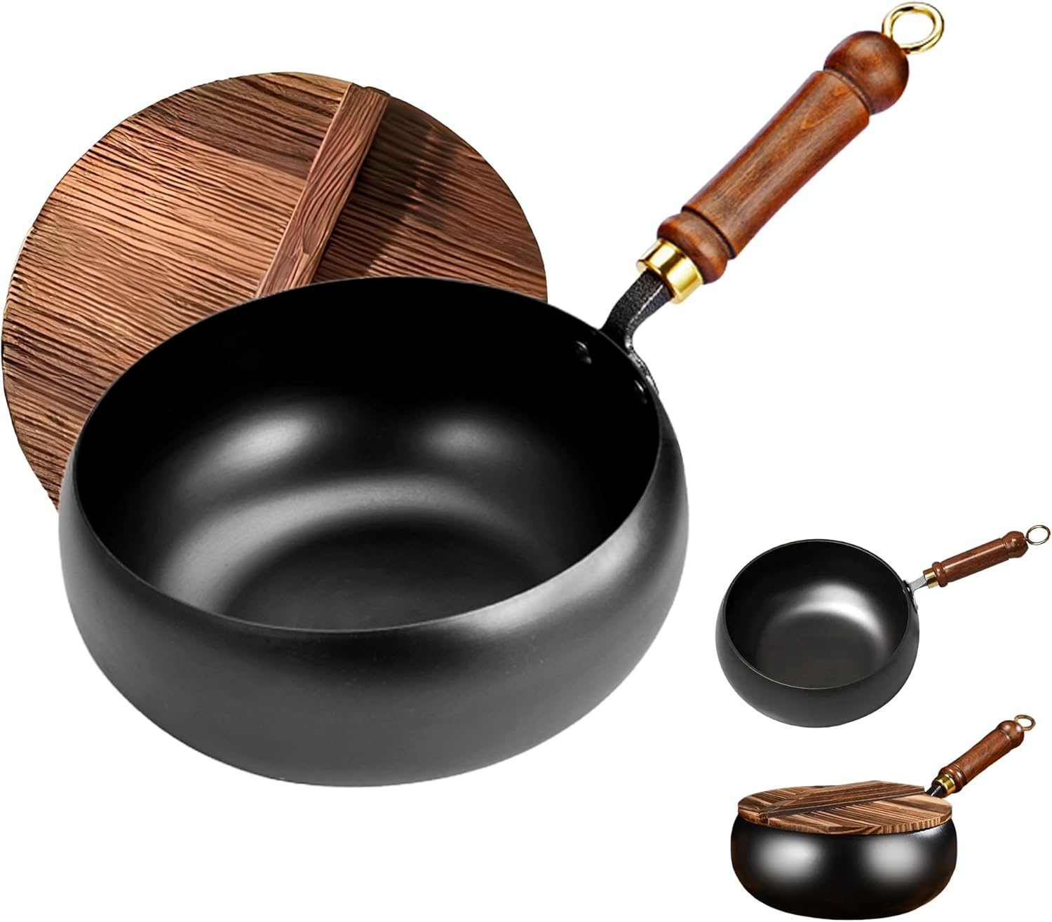 Uncoated Iron Pan, Nonstick Wok Hand Forged Iron Pan with Lid Stir Fry Wok Skillet for Cooking - 9.44IN