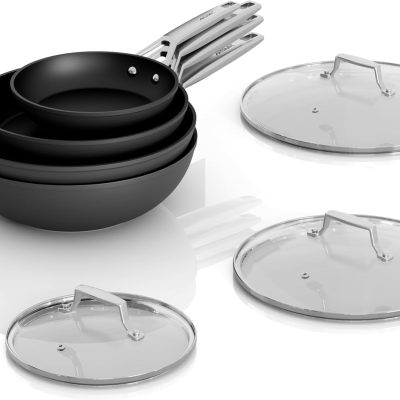Non Stick Pans Set 7-Piece, 8, 10, 12 Inch Frying Pans and 12 Inch Induction Wok with Tempered Glass Lids, PRO Heat Distribution, Stay-Cool Handles, Oven Safe 700℉, Compatible with All Cooktops
