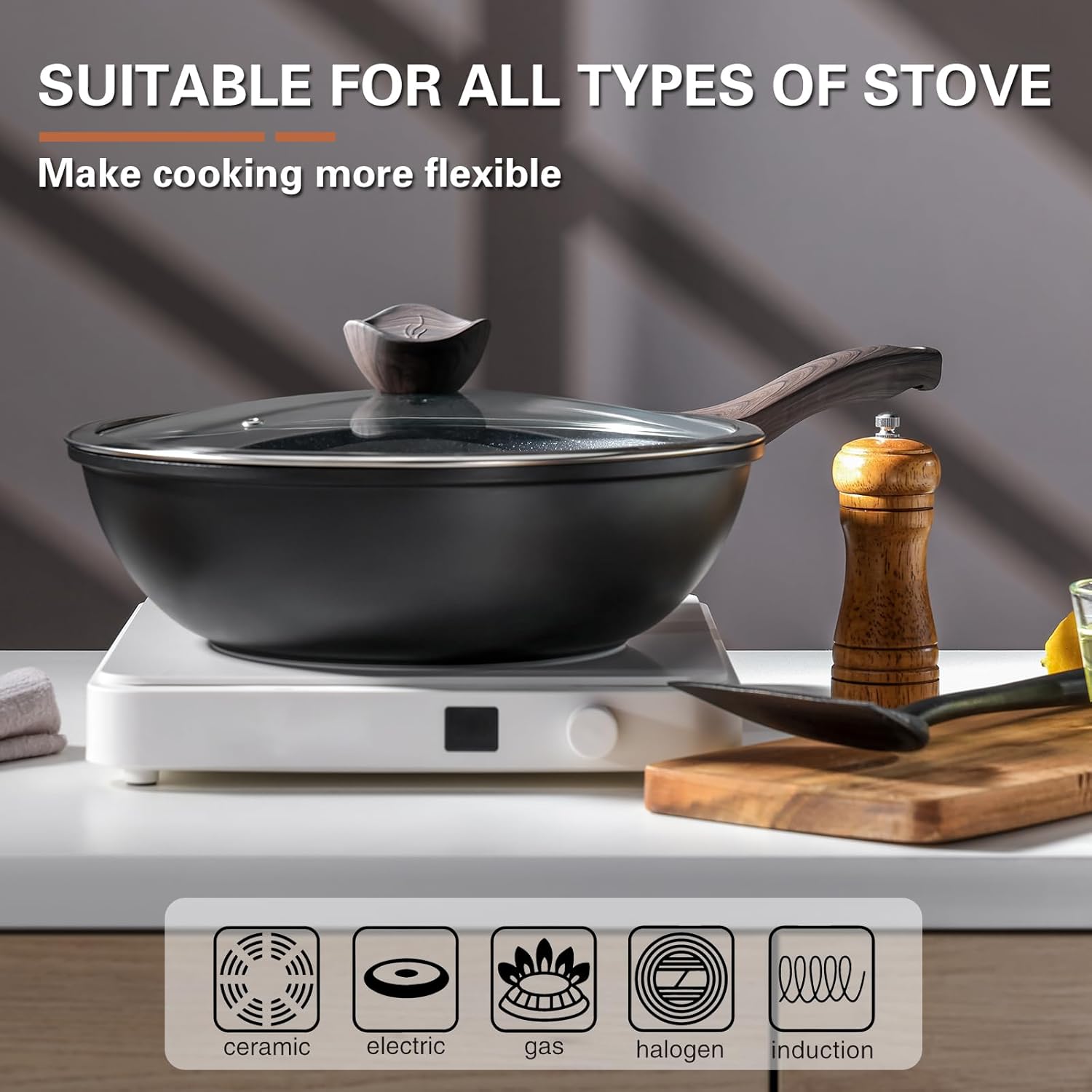 Nonstick Wok with Lid, 12 Inch Woks & Stir-fry Pans, Granite Stone Coating for Cooking, Induction Cookware, Compatible with All Stovetops, PFOA Free - Image 2