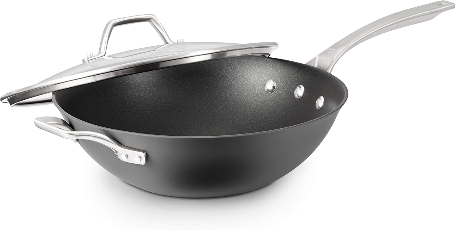 Hard-Anodized Nonstick Wok, 12", Flat-Bottom, Oven-Safe, PFOA-Free, Black
