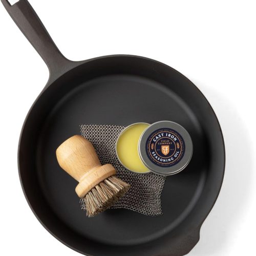 Cast Iron Starter Set -10.25 Inch Cast Iron Skillet with Cleaning Kit: Natural Fiber Brush, Chain Mail Scrubber & Organic Seasoning Oil – Lightweight, Preseasoned, Made in USA, Vintage Design