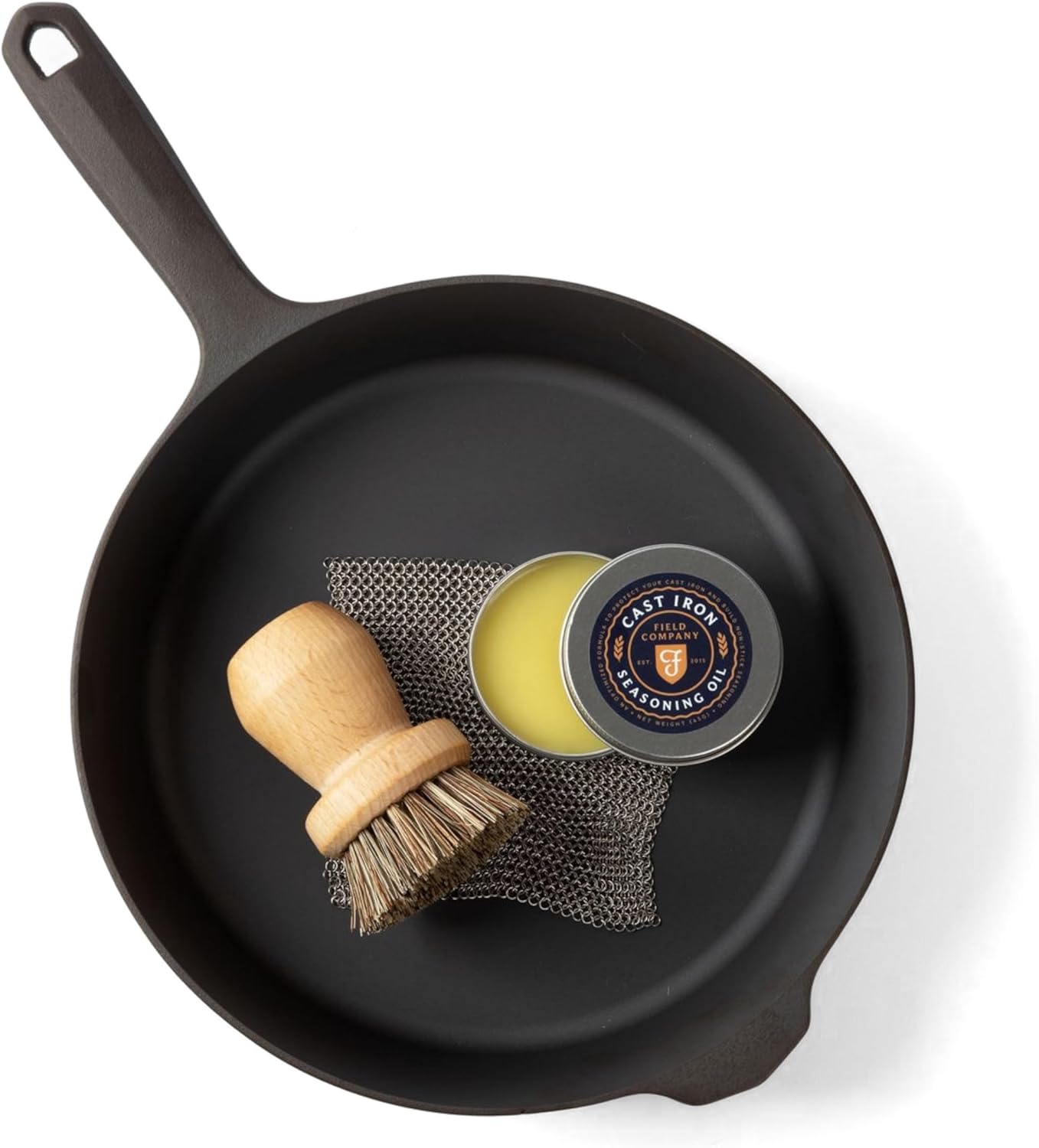Cast Iron Starter Set -10.25 Inch Cast Iron Skillet with Cleaning Kit: Natural Fiber Brush, Chain Mail Scrubber & Organic Seasoning Oil – Lightweight, Preseasoned, Made in USA, Vintage Design