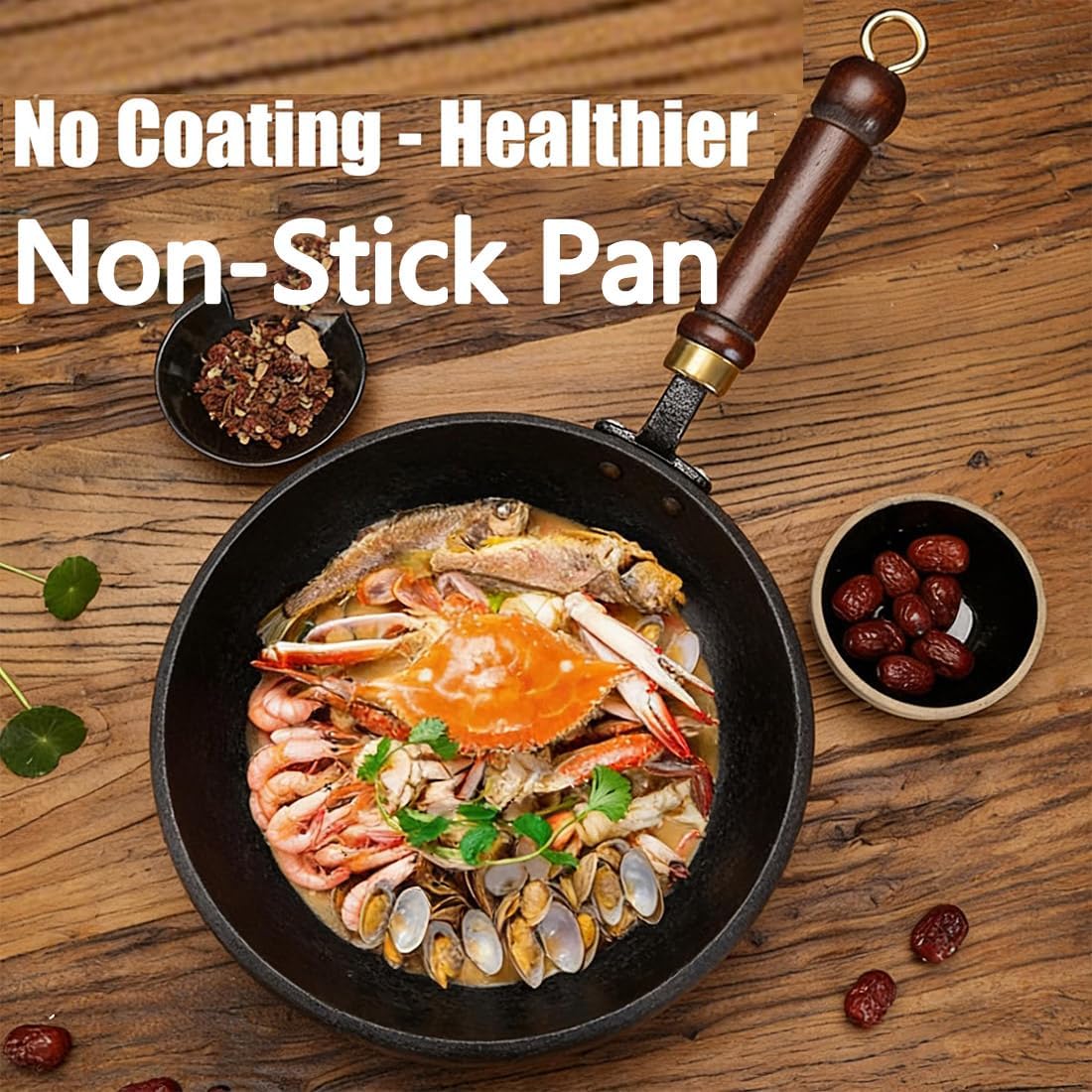 Japanese Cast Iron Cookware, Japanese Cast Iron Pot, Japanese Style Cast Iron Cookware, 9.5/10.2/11in Uncoated Thick Iron Pot, Hand-Hammered, with Lid, Durable Rust-Free (Smooth-Wood Lid, 11in) - Image 2