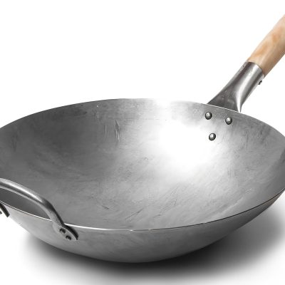 Traditional Hand Hammered Chinese Carbon Steel Wok with Wooden and Steel Helper Handle (14 Inch, Round Bottom Pow Wok Pan) / 731W88