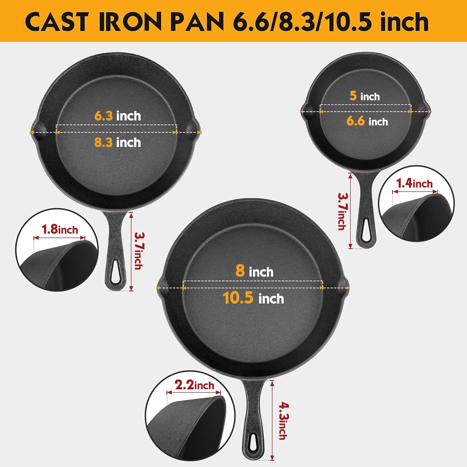 Pre-Seasoned Cast Iron Skillet Set - 3 Piece Frying Pan With Heat-Resistant Handles (6, 8, 10 Inch) for Frying, Saute, Pizza, Oven Safe (Black) - Image 2