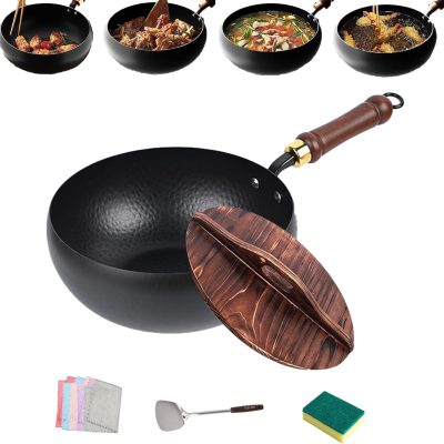 Japanese Cast Iron Wok Pan, 2026 New Non-Stick Uncoated Japanese Wok, Hand Hammered Multi-Purpose Cast Iron Pan with Lid & Spatula for Cooking Stewing (Hammered with Wooden Lid,28cm/11.02in)
