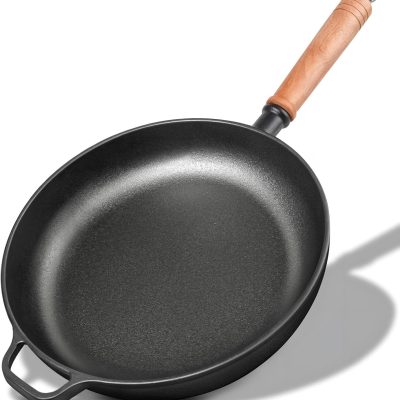 12" Cast Iron Skillets with Removable Wooden Handle, Pre-Seasoned Frying Pan for Stove, Oven, Grill & Campfire Cooking (1, 12")