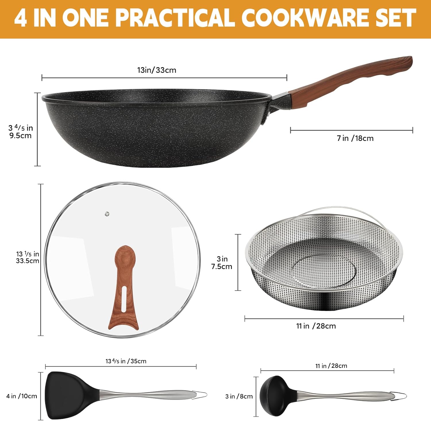 13'' Nonstick Wok, Woks & Stir-Fry Pans Non Stick Wok with Lid and Steamer Basket Spatula Ladle, 100% PFOA Free Induction Wok Pan for Electric, Gas, Halogen, All Stoves - Image 2