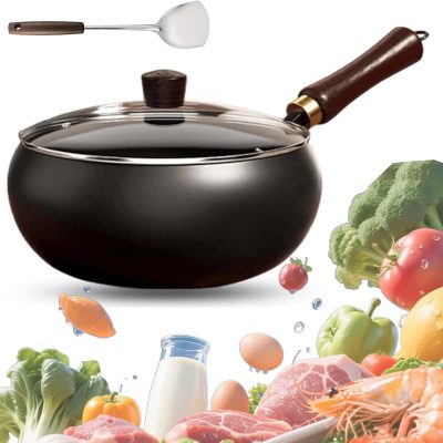 Japanese Cast Iron Pot,9.45/10.24/11.02 In Multifunctional Japanese Cast Iron Wok with Lid,Uncoated Non-Stick Thick Iron Pot for Induction, Gas & Electric Stoves (10.24in Glass lid)