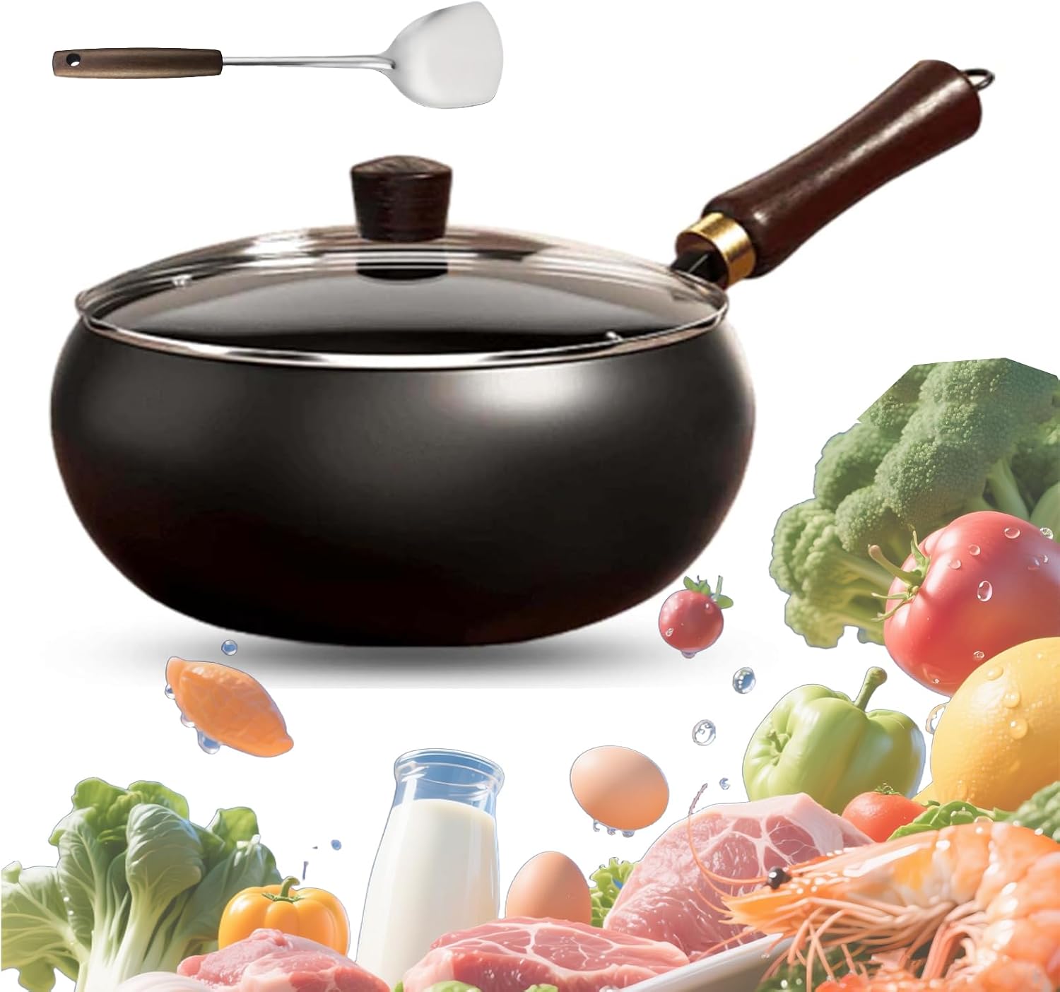Japanese Cast Iron Pot,9.45/10.24/11.02 In Multifunctional Japanese Cast Iron Wok with Lid,Uncoated Non-Stick Thick Iron Pot for Induction, Gas & Electric Stoves (10.24in Glass lid)