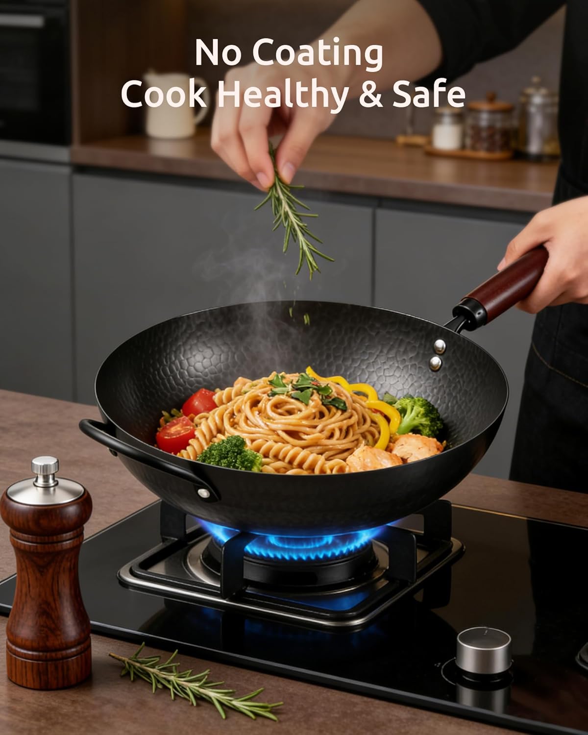 Wok Pan, Carbon Steel Wok, Woks & Stir-Fry Pans Nonstick, 13 Inch Wok Pan with Wooden Lid, Pre-Seasoned Carbon Steel Cookware, 5.8QT Flat Bottom Chinese Wok Pan, Compatible with All Cooktops - Image 2