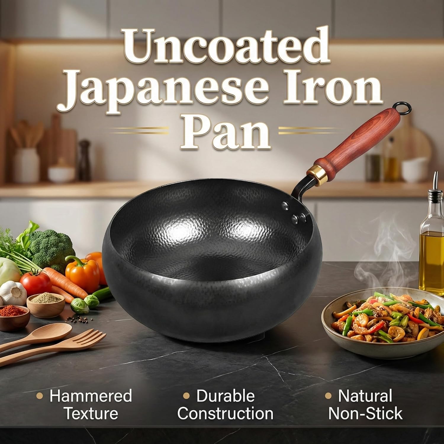 Japanese Cast Iron Wok Pan - Uncoated Healthy Cooking Pot with Lid, Hand Hammered Non Stick Frying Pans Made in Japan (Hand-Hammered + Glass Lid,10.2'') - Image 2